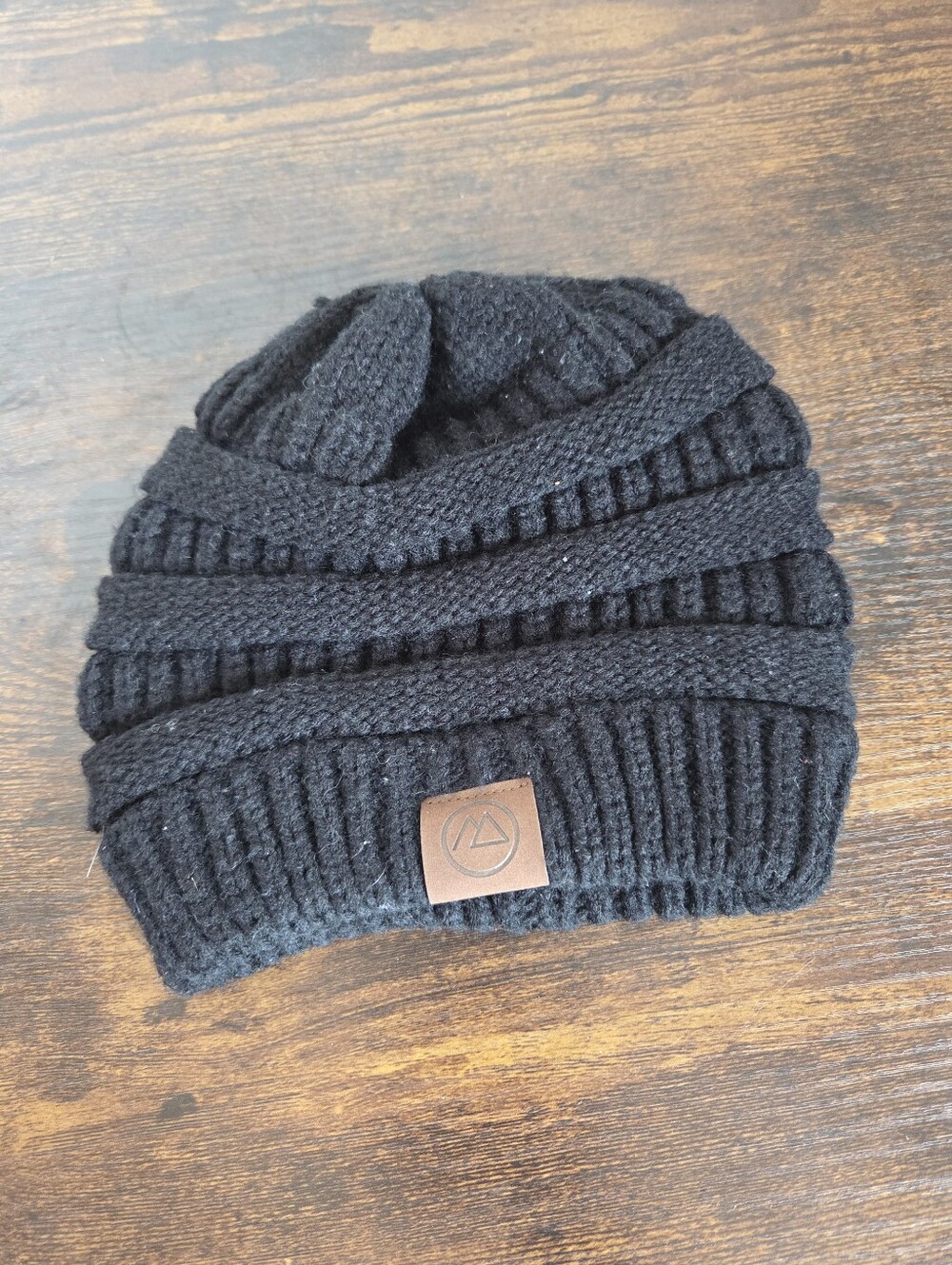 Black Beanie Hat Knit Slouch Women's Leather Patch Winter Warm Cozy